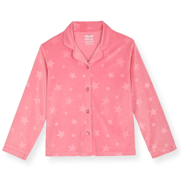 Sleep On It Girls 2-Piece Button-Front Coat Pajama Set with Scrunchie - Velour Stars - Sleep On It Kids