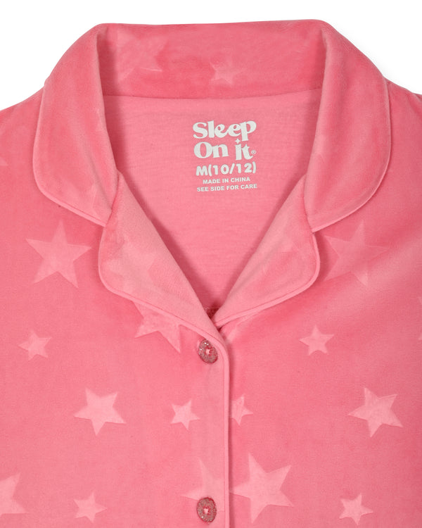 Sleep On It Girls 2-Piece Button-Front Coat Pajama Set with Scrunchie - Velour Stars - Sleep On It Kids