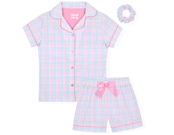 Sleep On It Girls Seersucker Coat Front Pajama Short Set - Plaid - Sleep On It Kids