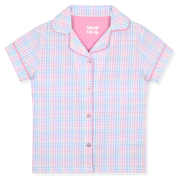 Sleep On It Girls Seersucker Coat Front Pajama Short Set - Plaid - Sleep On It Kids