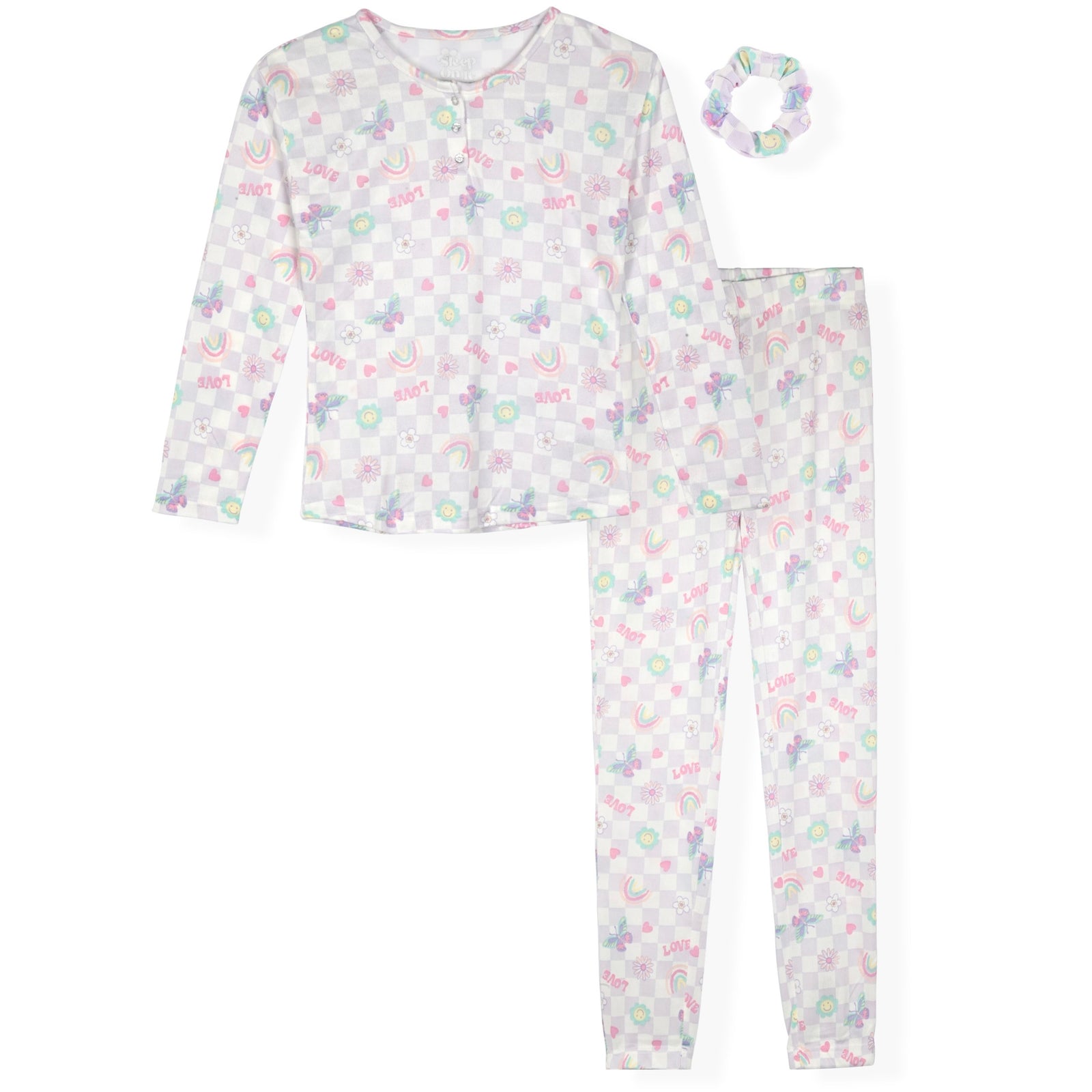 Sleep On It Girls 2-Piece Long Sleeve Hacci Pajama Set with Matching Scrunchie - Love - Sleep On It Kids