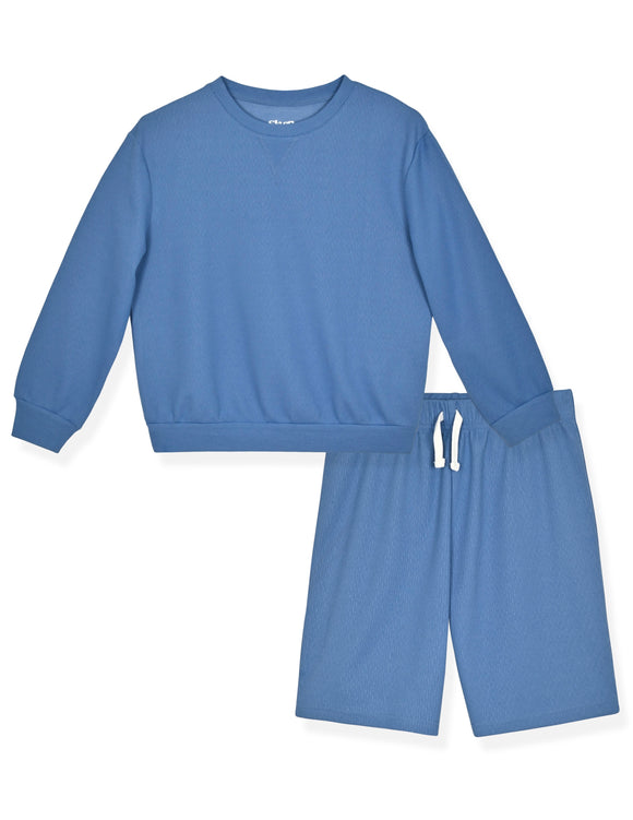 Boys 2-Piece Long-Sleeve Soft Textured Knit Pajama Shorts Set. - Sleep On It Kids