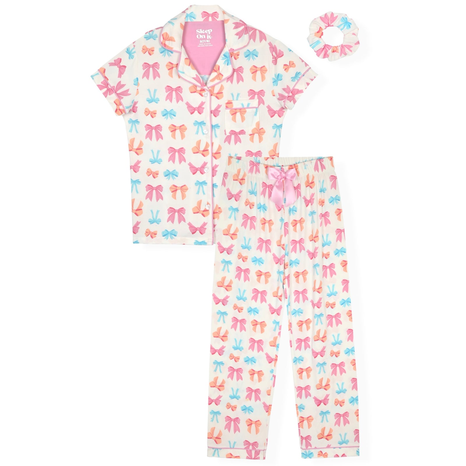 Sleep On It Girls Yummy Jersey Coat Front Pajama Short Set - Bow - Sleep On It Kids