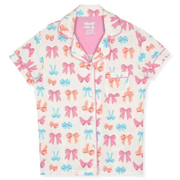 Sleep On It Girls Yummy Jersey Coat Front Pajama Short Set - Bow - Sleep On It Kids