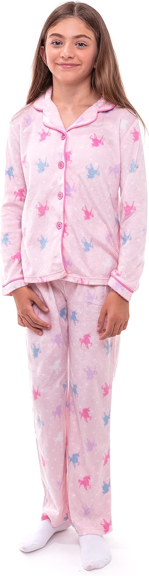 Sleep On It Girls Fleece 2-Piece Button-Front Coat Pajama Set - Pink Unicorn - Sleep On It Kids