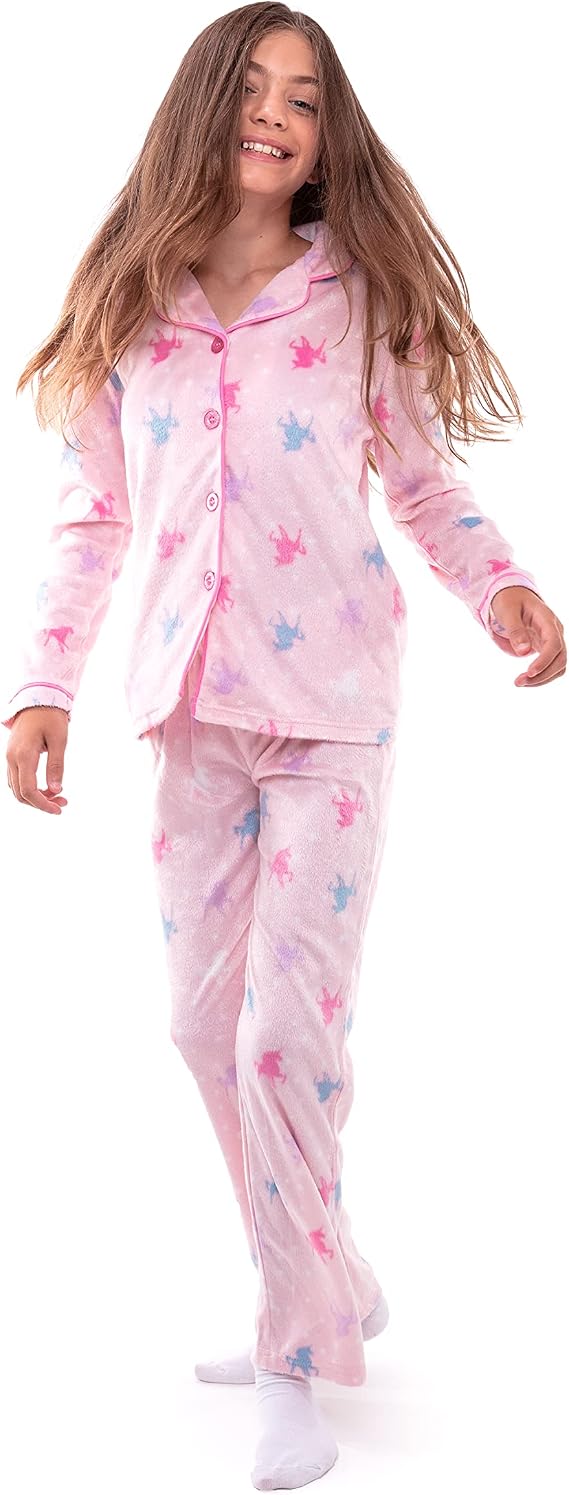 Sleep On It Girls Fleece 2-Piece Button-Front Coat Pajama Set - Pink Unicorn - Sleep On It Kids
