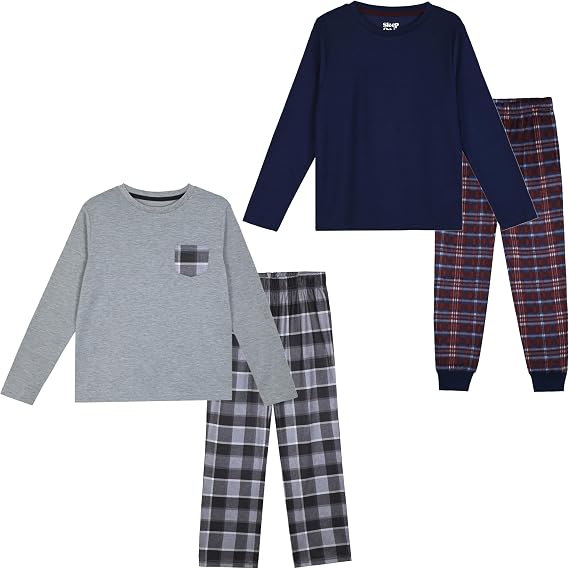 Sleep On It Boys 4-Piece Long Sleeve Pajama Set with Fleece Plaid Pants - Blue and Grey - Sleep On It Kids