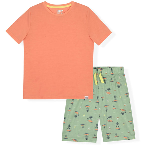 Sleep On It Boys Printed Bottom Pajama Shorts Set - Palm Trees - Sleep On It Kids