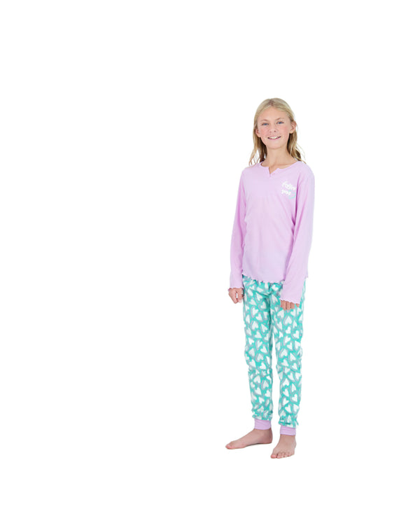 Girls 2-Piece Fleece Pajama Sets- Follow your Heart, Purple & Green Pajama Set for Girls - Sleep On It Kids
