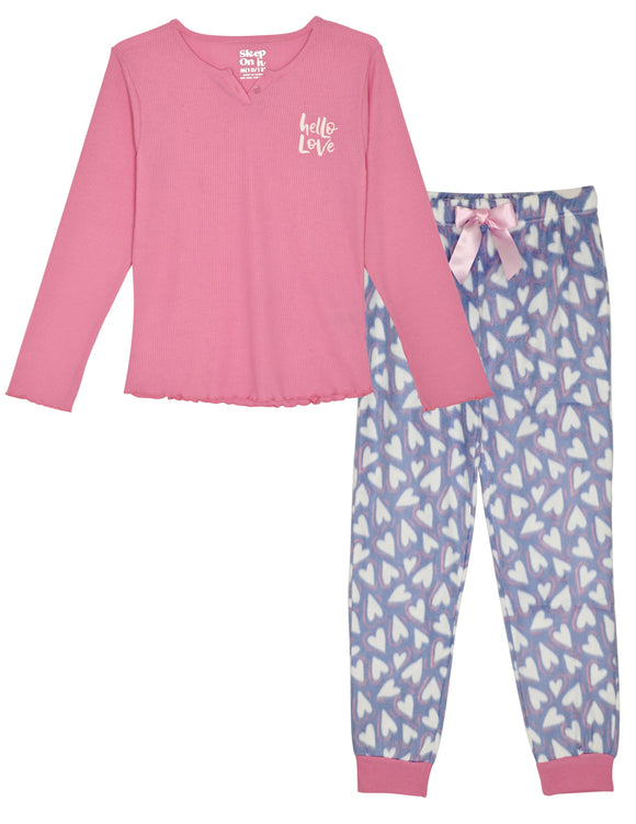 Girls 2-Piece Fleece Pajama Sets- Hello Love, Pink & Blue Pajama Set for Girls - Sleep On It Kids