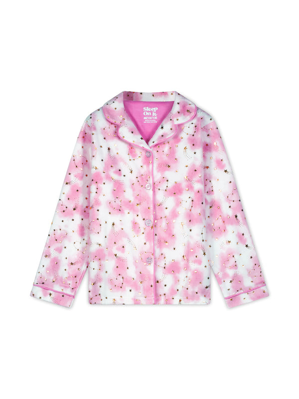 Girls 2-Piece Fleece Button-Front Coat Pajama Set- Hearts, with Matching Scrunchie, Pink Girls Pajama Set - Sleep On It Kids