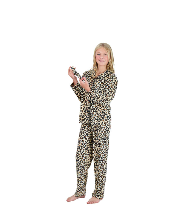 Girls 2-Piece Velour Button-Front Coat Pajama Set- Cheetah, with Matching Scrunchie, Brown & Black Girls Pajama Set - Sleep On It Kids