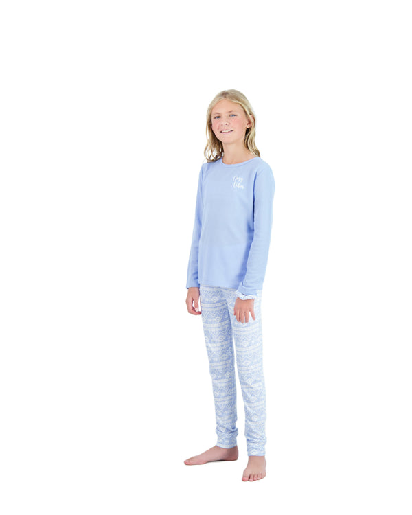 Girls 2-Piece Hacci Pajama Set- Cozy Vibes, Blue Pajama Set for Girls with Matching Scrunchie - Sleep On It Kids