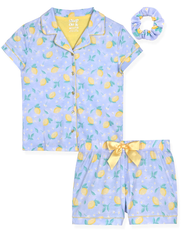Girls Jersey 2-Piece Short-Sleeve Button Down Collared Coat Pajama Set with Matching Scrunchie - Lemons. - Sleep On It Kids