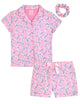 Girls Jersey 2-Piece Short-Sleeve Button Down Collared Coat Pajama Set with Matching Scrunchie - Floral Fairytale. - Sleep On It Kids