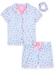 Girls Hacci 2-Piece Short-Sleeve Button Down Collared Coat Pajama Set with Matching Scrunchie - Floral Pinstripes. - Sleep On It Kids