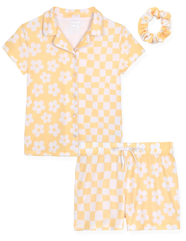 Girls Hacci 2-Piece Short-Sleeve Button Down Collared Coat Pajama Set with Matching Scrunchie - Floral Checks. - Sleep On It Kids