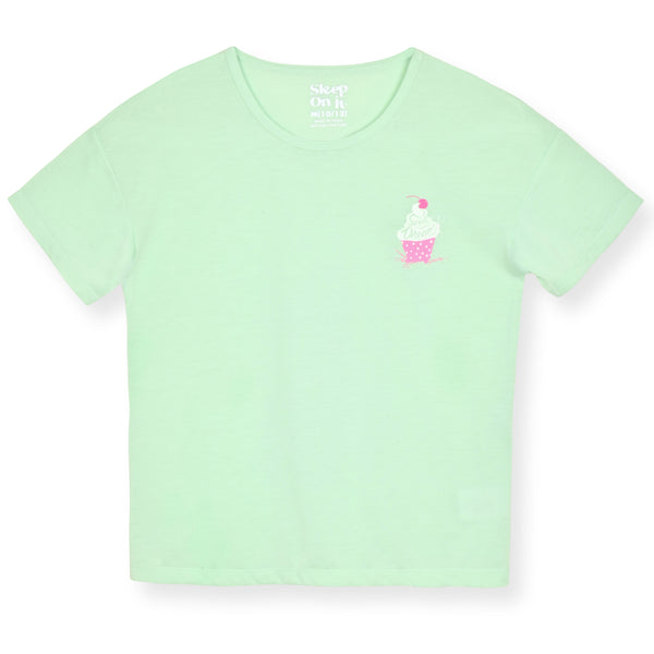 Girls 2-Piece Short-Sleeve Jersey Pajama Shorts Set with Matching Hair Scrunchie- Cupcake - Sleep On It Kids