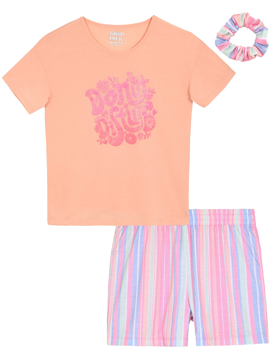 Girls 2-Piece Short-Sleeve Jersey Pajama Shorts Set with Matching Hair ...