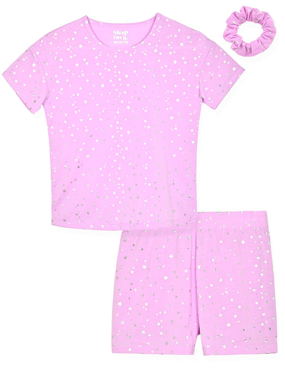 Girls 2-Piece Short-Sleeve Jersey Pajama Shorts Set with Matching Hair Scrunchie- Stars. - Sleep On It Kids