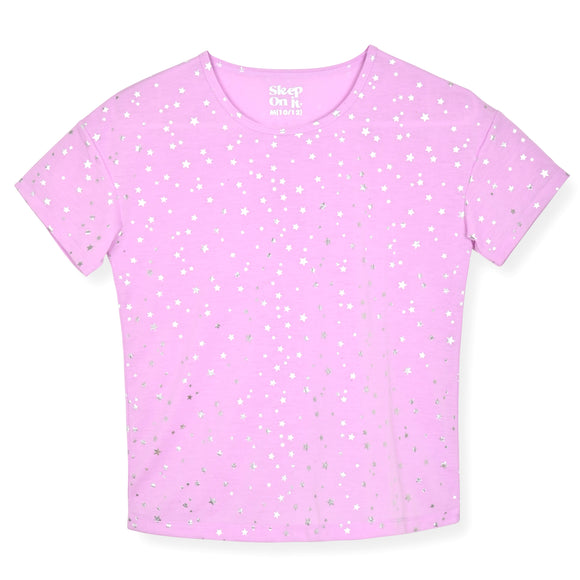 Girls 2-Piece Short-Sleeve Jersey Pajama Shorts Set with Matching Hair Scrunchie- Stars. - Sleep On It Kids