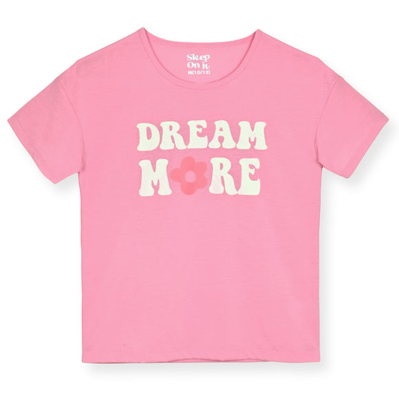 Girls 2-Piece Short-Sleeve Jersey Pajama Shorts Set with Matching Hair Scrunchie- Dream More. - Sleep On It Kids