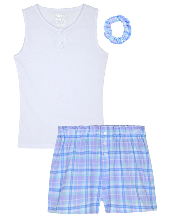Girls 2-Piece Ribbed-Knit Tank Boxer Shorts Pajama Set with Hair Scrunchie- Plaid. - Sleep On It Kids