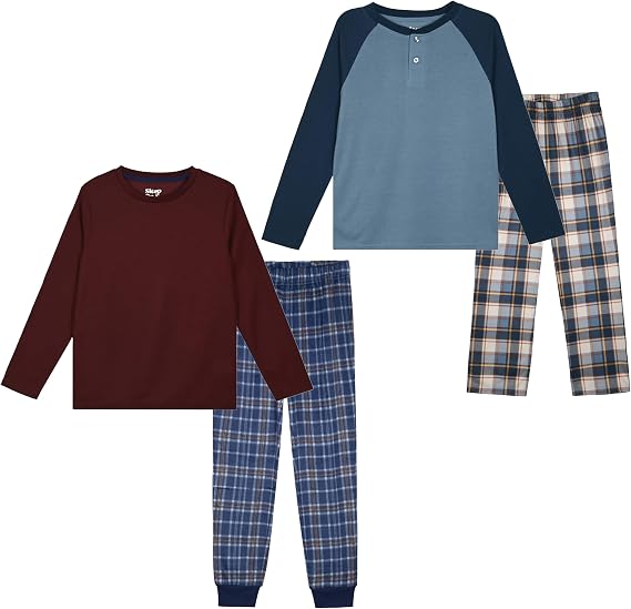 Sleep On It Boys 4-Piece Long Sleeve Pajama Set with Fleece Plaid Pants - Red and Blue - Sleep On It Kids