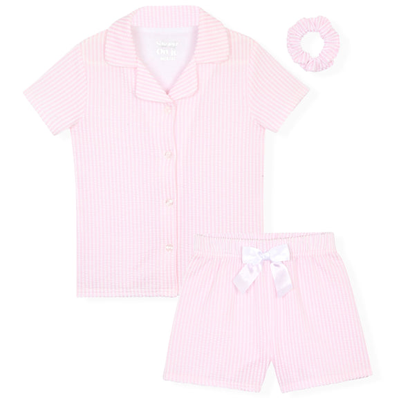 Sleep On It Girls Seersucker Coat Front Pajama Short Set - Stripe - Sleep On It Kids