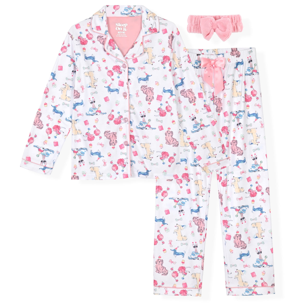 Sleep On It Girls 2-Piece Long-Sleeve Button-Up Pajama Set with Plush Headband Gift, Puppies - Sleep On It Kids