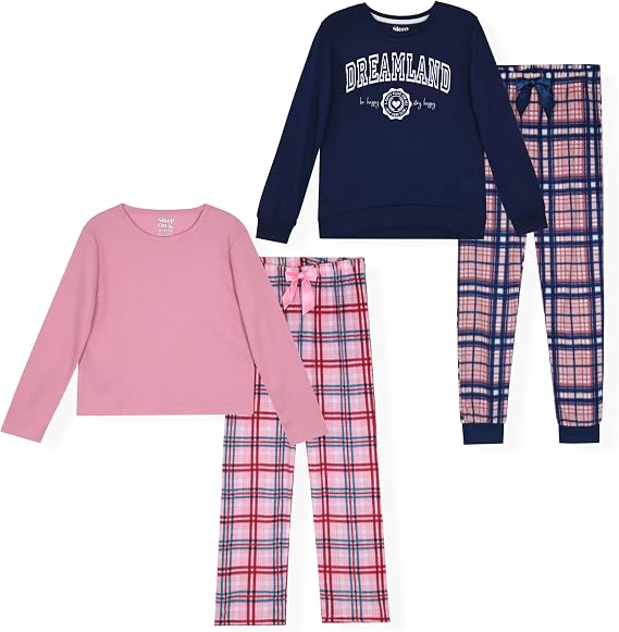 Sleep On It Girls 4-Piece Woven Flannel Plaid Pajama Sets - Pink and Blue - Sleep On It Kids