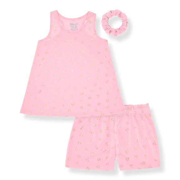 Sleep On It Girls 2-Piece Sleeveless Tank-Top Jersey Pajama Shorts Set with Matching Hair Scrunchie -  Foil Hearts - Sleep On It Kids