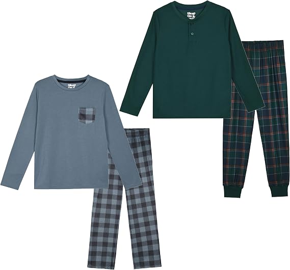 Sleep On It Boys 4-Piece Long Sleeve Pajama Set with Fleece Plaid Pants-Green and Grey - Sleep On It Kids