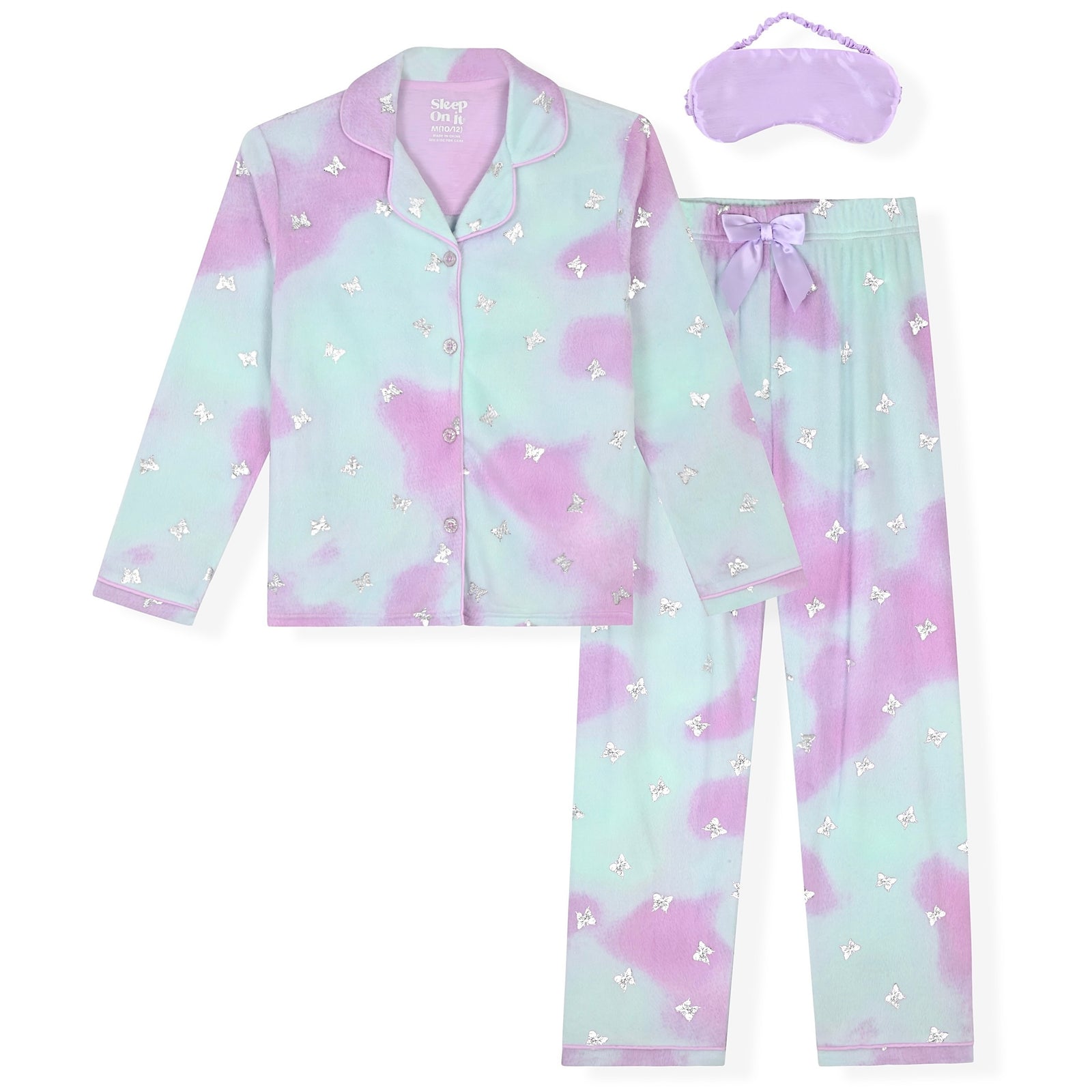 Sleep On It Girls 2-Piece Long-Sleeve Button-Up Pajama Set with Plush Headband Gift, Little Butterflies - Sleep On It Kids