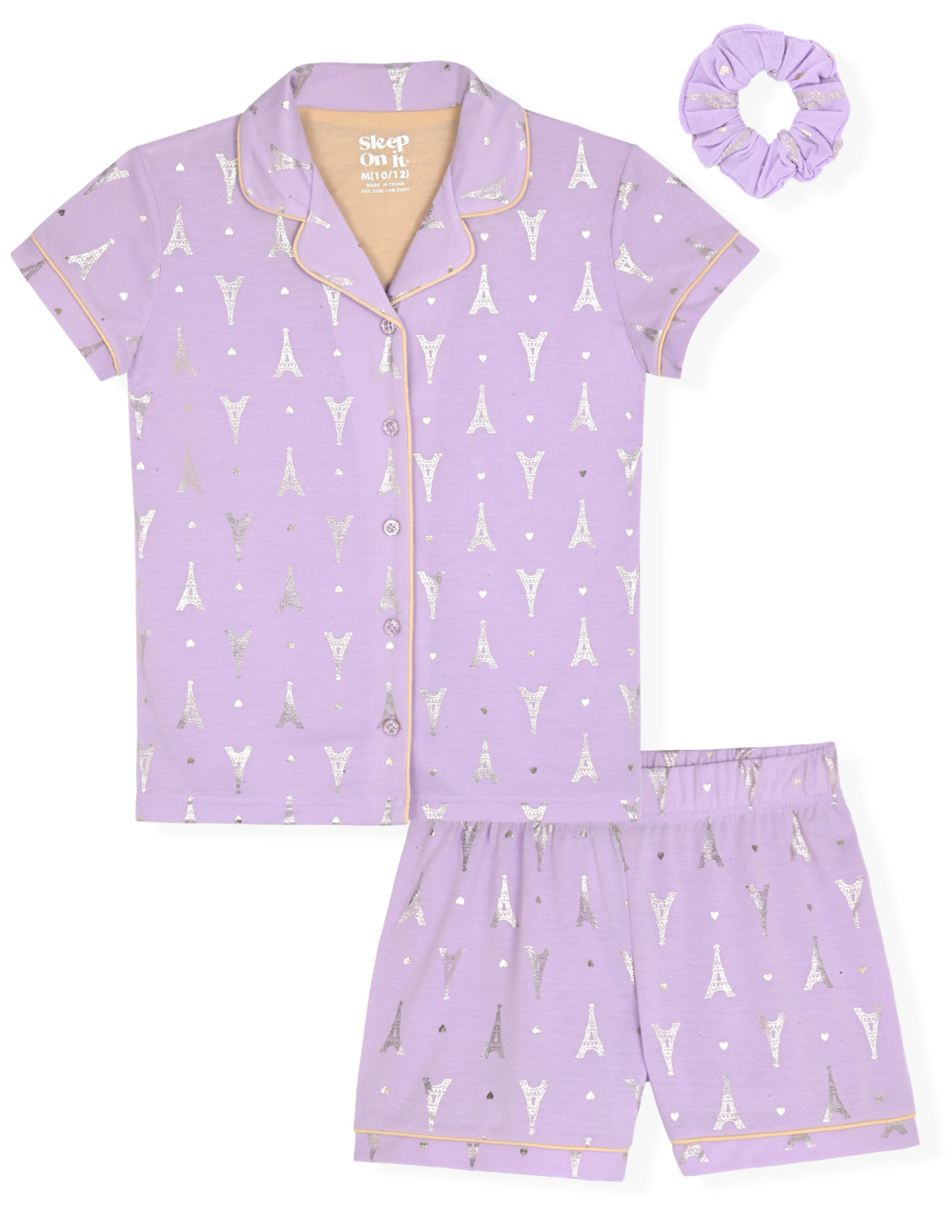 Sleep On It Girls 2-Piece Short-Sleeve Button Down Collared Coat Pajama Set with Matching Scrunchie -  Paris Foil - Sleep On It Kids
