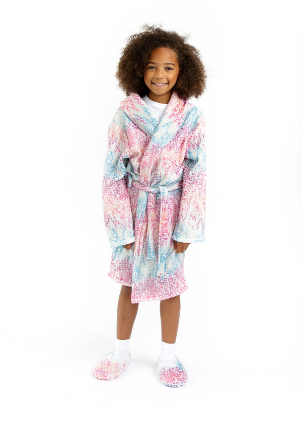 Girls Leopard Plush Fleece Shawl Collar Robe with Matching Fleece Slippers - Sleep On It Kids