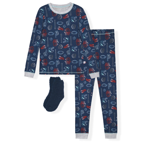 Sleep On It Boys Snuggle Jersey Tight Fit Set with Matching Socks - Navy, 4 - Sleep On It Kids