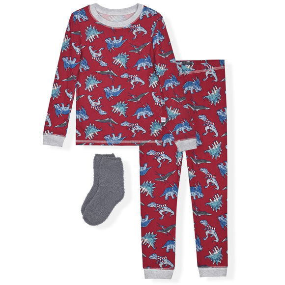 Sleep On It Boys Snuggle Jersey Tight Fit Set with Matching Socks- Burgundy Dinosaur - Sleep On It Kids