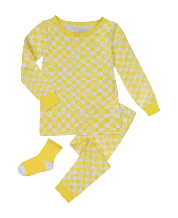 Infant/Toddler Girls Daisy Check Snug Fit 2-Piece Pajama Sleep Set With Matching Socks - Sleep On It Kids