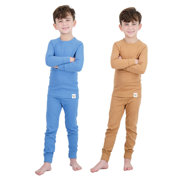 4-Piece 100% Organic Cotton Rib Knit Pajama Sets for Boys & Girls, Blue & Caramel - Sleep On It Kids