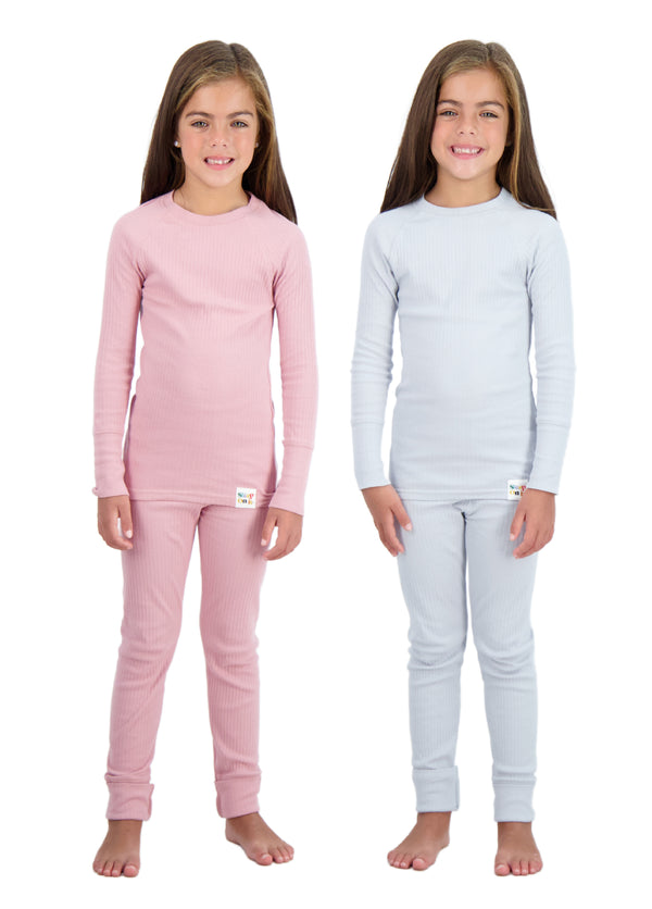 4-Piece 100% Organic Cotton Rib Knit Pajama Sets for Boys & Girls, Pink & Gray - Sleep On It Kids