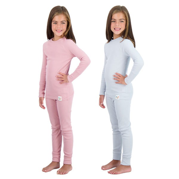 4-Piece 100% Organic Cotton Rib Knit Pajama Sets for Boys & Girls, Pink & Gray - Sleep On It Kids