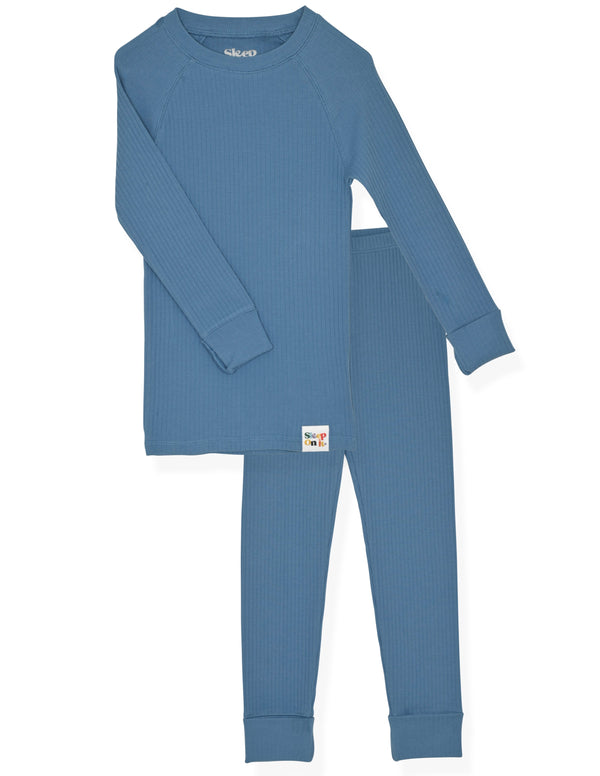 4-Piece 100% Organic Cotton Rib Knit Pajama Sets for Boys & Girls, Blue & Caramel - Sleep On It Kids