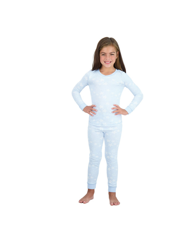 Girls 2-Piece Super Soft Jersey Snug-Fit Pajama Set- Stars, Light Blue Pajama Set for Toddlers and Girls - Sleep On It Kids
