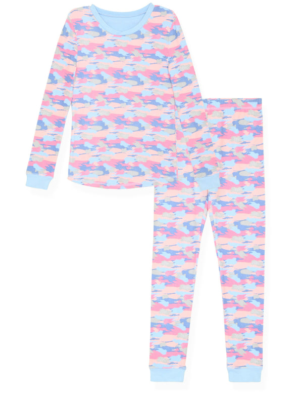 Girls 2-Piece Super Soft Jersey Snug-Fit Pajama Set- Camo, Multicolored Pajama Set for Girls - Sleep On It Kids