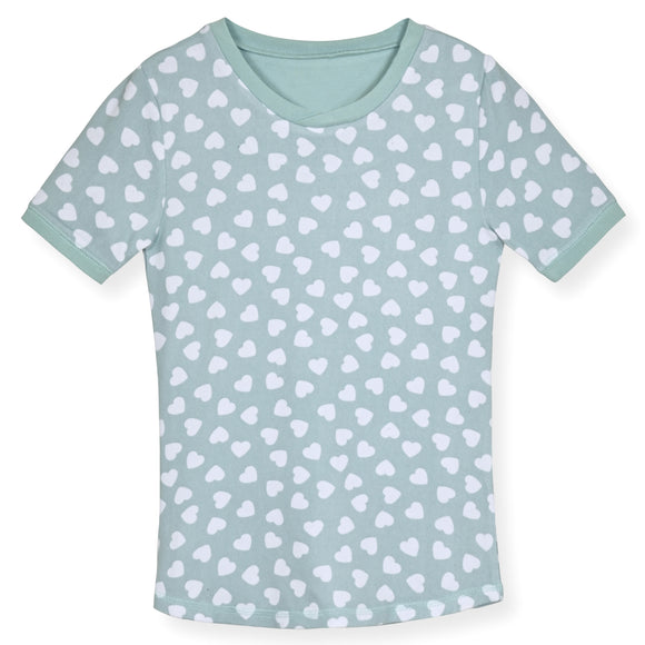 Girls 2-Piece Super Soft Jersey Snug Fit Pajama Set- White Hearts, Mint Green Toddler Girls Pajama Set with Matching Scrunchie. - Sleep On It Kids
