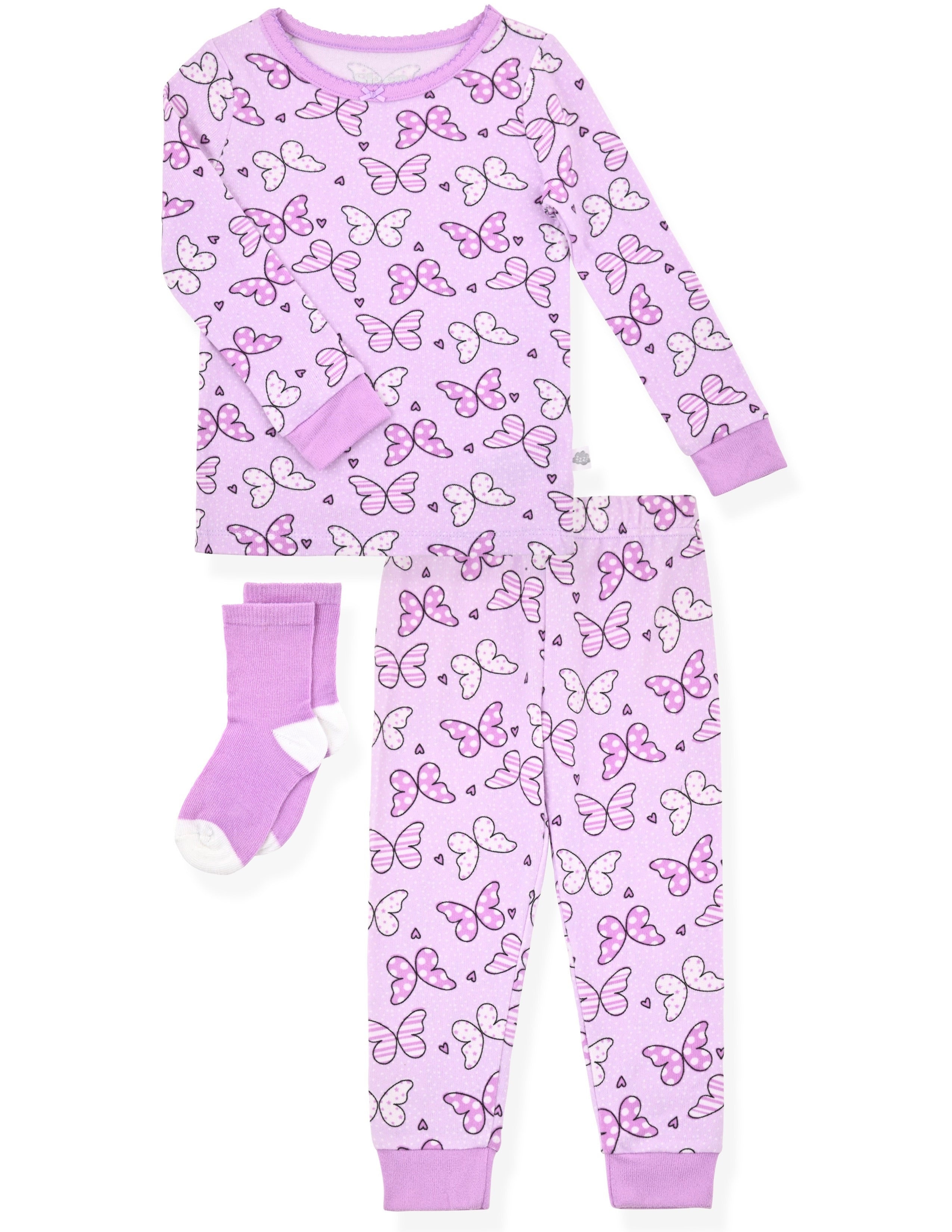 Sleep On It Infant/Toddler Girls Vibrant Butterflies Snug Fit 2-Piece Pajama  Sleep Set with Matching Socks - Purple, 12M 