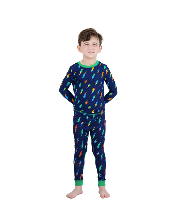 Boys 2-Piece Super Soft Jersey Snug-Fit Pajama Set- Bolts, Navy & Green Pajama Set for Boys - Sleep On It Kids