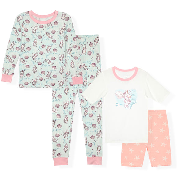 Sleep On It Girls 4Pc Bamboo Snug Fit Pajama Set, Aqua - Sleep On It Kids
