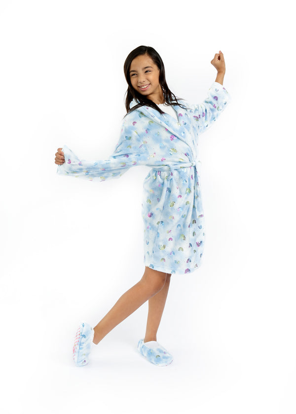 Girls Rainbow Foil Plush Fleece Shawl Collar Robe with Matching Fleece Slippers - Sleep On It Kids